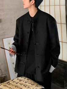 Camisa de manga larga casual de estilo chino para hombre, con cuello pequeño de pie, traje tradicional Tang, chaqueta Zhongshan suelta, transpirable y cómoda