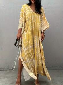Women's Plus Size Boho Style Cover Up, V-Neck Tie-Dye Loose Vacation Beach Long Cover Up Dress