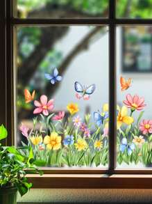 1 pieza Etiqueta autoadhesiva para ventana con patrón de flores silvestres y mariposas de colores, decoración de cristal, póster decorativo, decoración para habitación de niños/ventana del patio, calcomanía de pared de PVC removible