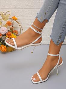 Novas sandálias de salto alto abertas 2025, salto fino elegante e sexy com alças finas, vestido de verão combinando com salto alto feminino - Branco - Ver 4