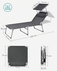 SONGMICS Große Sonnenliege, klappbarer Liegestuhl, 71 x 200 x 38 cm, Belastbarkeit 150 kg, mit Sonnenschutz, Kopfstütze und Verstellbarer Rückenlehne, für Garten Pool Terrasse, anthrazit