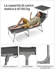 SONGMICS Große Sonnenliege, klappbarer Liegestuhl, 71 x 200 x 38 cm, Belastbarkeit 150 kg, mit Sonnenschutz, Kopfstütze und Verstellbarer Rückenlehne, für Garten Pool Terrasse, anthrazit