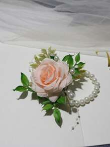 1pc Elegant Pink Korean Style Bridal Wrist Flower, Wedding Accessories, Bridesmaid Gift, Luxurious Pearl Chain Bracelet