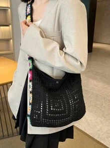 Korean Fashion Knitting Bag Bohemian Style Knitting Bag Holiday Wind Hollow Knitting Bag, Flower Pattern Decorative Messenger Bag Shoulder Bag Hook Bag Female Bag, Suitable For Travel, Seaside Holiday Use., Perfectly Matching With Vacation Outfits Women