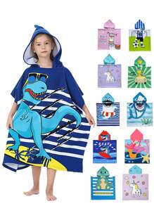 1 件连帽浴袍，1 件，男孩和女孩强吸水柔软透气斗篷，可爱动物图案连帽斗篷毛巾海滩和浴室使用