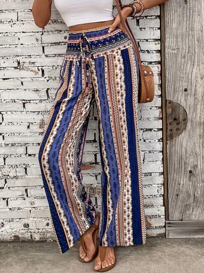 Women's Random Floral Retro Print Drawstring Waist Leisure Wide Leg Pants, Not Pre-Positioned