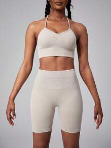 2pcs Women's Fashion Matte Spaghetti Strap Bra Set, Elastic Rib-Knit Shaping Shorts - Beige - View 5