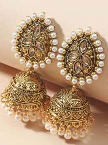1 Pair Pearl & Rhinestone Water Drop Shape Tassels Alloy Earrings, Bohemian Bell Dangle Earrings