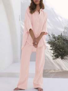 Women's 2 Piece Outfits Sets Button Down Half Sleeve Shirts And Long Pants  Sets Summer Casual - Hồng - Xem 3