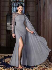 Abito da sera elegante Faeriesty con maniche lunghe, asimmetrico, con perline e mantella in chiffon - scollo tondo e spacco alto, combinazione di tessuto con perline e chiffon per matrimoni e gala primaverili ed estivi (eleganza di lusso, fascino sofisticato) - Grigio - Visualizzare 2