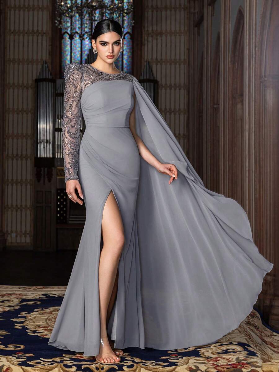 Abito da sera elegante Faeriesty con maniche lunghe, asimmetrico, con perline e mantella in chiffon - scollo tondo e spacco alto, combinazione di tessuto con perline e chiffon per matrimoni e gala primaverili ed estivi (eleganza di lusso, fascino sofisticato)
