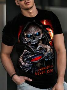 超酷暗黑风！骷髅头手持游戏手柄印花，配以“玩家永不消亡”标语的男士T恤，短袖上衣，100%涤纶 - 黑色 - 查看 3
