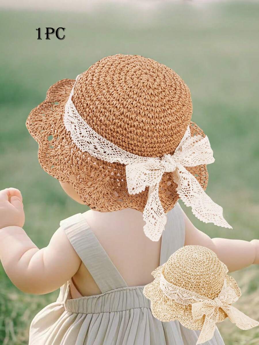 1 件男女通用儿童/幼儿/婴儿针织镂空透气宽边太阳帽，女童夏季草帽，手工纸草帽，适合日常佩戴 - 1PC - 查看 1