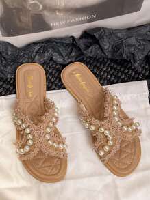 Women's Flat Sandals, New Style Pearl Fashionable Silver Glitter Flat Slide Sandals, Elegant Fairy Style Beach Slippers - Khaki - View 7