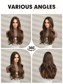 26英寸女士分层中分假发，棕色混色挑染，合成纤维，自然蓬松波浪假发 - 彩色 - 查看 7