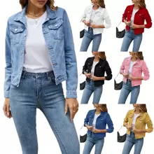 Womens Jeans Coat Solid Color Denim Jacket, Casual Long Sleeve Button Down Pocket Jean Jacket - Yellow - View 2