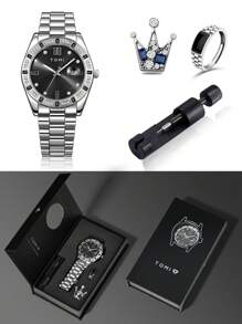 TOMI Men's Quartz Watch With Crown Brooch Ring Set, Minimalist Design With Rhinestone Dial, Zinc Alloy Strap, Gift Box For Daily Life, Business Events, Father's Day, Valentine's Day, Christmas,