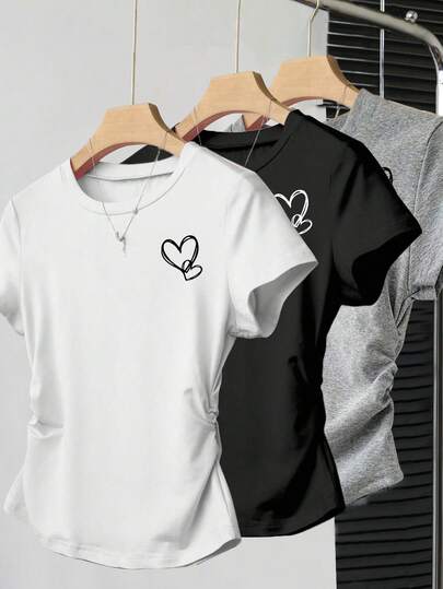 3 件青少年女孩时尚个性化休闲户外运动荷叶边印花短袖 T 恤，春夏秋季