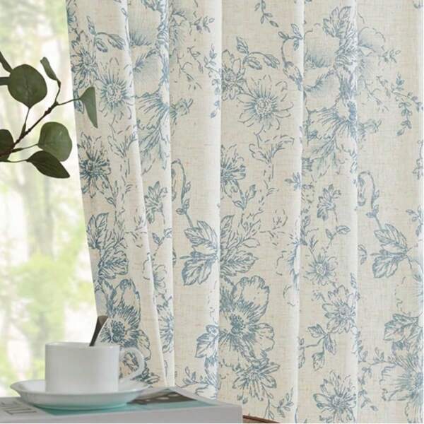 1 Pc Semi-Transparent Window Curtain With Ink-Wash Style Plant & Floral Pattern, Light Filtering