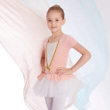 Meninas Ballet Gold-Rimmed Saia de Manga Curta Collant Ballet Saia de Dança Traje de Ballet Vire