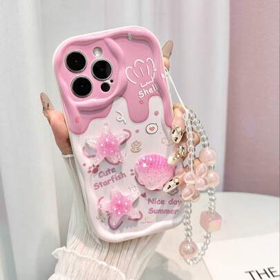 卡通海星糖果色波浪边印花保护壳，带可拆卸链条，兼容 16/16 Pro Max、 15、 14、 XR/7/8、 15 Pro Max、 13、 14、 11、P12、XS。防震且创意彩绘设计，兼容红米手机。国际版，非国内版。