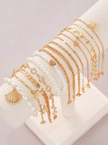 14 件套波西米亚海滩风格海洋主题心形、蝴蝶、贝壳、飞机吊饰金色脚链套装，夏季海滩度假、派对、日常穿着 - set6 - 查看 11