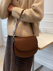 Letter Graphic Saddle Bag, Fashion Solid Color Crossbody Bag, Small Flap Purse For Women - Coffee Brown - View 3