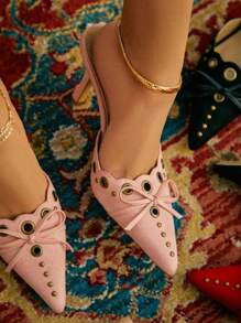 Heeled Mules For Women Pointed Toe Suede Stiletto High Heels Fashion Bow Tie Slip On Pumps Woman - Màu hồng A - Xem 5
