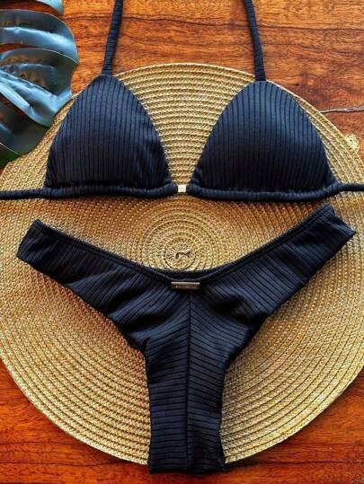 Biquini Triangulo Cortininha Texturizado Canelado Com Bojo Aro Calcinha Fio Duplo Semi Fio Conjunto Asa Delta Moda Praia Verão