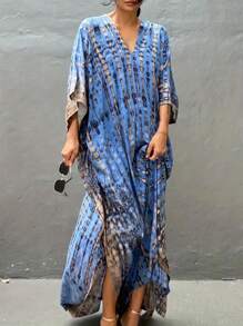 Plus Size Printed Long Beach Dress, V-Neck Batwing Sleeve Split Long Dress For Women