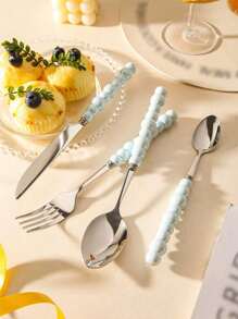 4pcs/Set Stainless Steel Utensil Set,Romantic Ceramic Pearl Handle Western Cutlery Knife Fork Spoon Coffee Spoon,Reusable Tableware,Or School, Picnics, Parties, Outdoor Dining, Camping Accessories School Supplies Travel Essentials Accessories Back To School Dorm Essentials