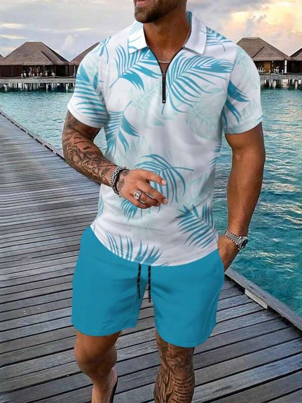Conjunto de 2 piezas de camisa polo de manga corta y pantalones cortos con estampado de hoja para hombre, look casual de calle y playa, para verano