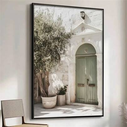 1pc Italian Architecture & Olive Tree Canvas Painting, Modern Style, Frame Optional, Feather-Free, Suitable For Living Room, Bedroom, Bathroom, Office, Corridor, Kitchen Decor, Home Decoration Gift