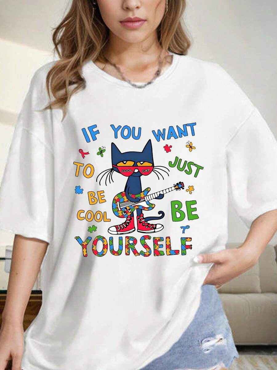 The Cat Who Loves To Read, Reading Makes Me Happy - T-Shirts, Comfortable Summer Shirts, Casual Wear - White - View 1