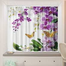 2pcs/Set Beautiful White & Purple Orchid Flowers And Golden Butterflies Digital Print Semi-Sheer Curtain, Spring, Rod Pocket Style, Polyester Material, Suitable For Living Room, Bedroom, Dining Room, Home Decor