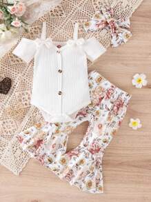 3Pcs Baby Girl Spring Outfits, Short Sleeve Cold Shoulder Romper + Flare Pants + Headband Set - White - View 1