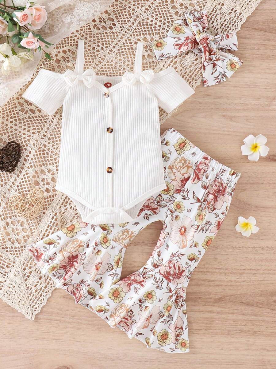 3Pcs Baby Girl Spring Outfits, Short Sleeve Cold Shoulder Romper + Flare Pants + Headband Set - White - View 1