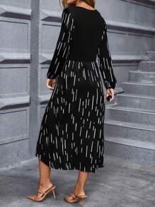 Nuevos Vestidos Casuales Femeninos de Otoño,Vestidos largos de mujer y diseño de patchwork con volantes en el dobladillo y cintura con lazo incorporado de estampado floral conjunto que,elegante fiesta de noche cómodo,Casuales versátiles de nueva temporada de otoño - Negro - Ver 2