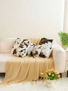 1pc Brown & White Cow Pattern Plush Pillow Case (No Filling), Modern Flannel Decorative Pillow Cover, Zipper Closure, Suitable For Home, Sofa, Living Room - White - View 5
