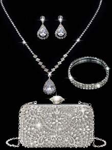 Túi cầm tay buổi tối đính đá Rhinestone cho nữ Kẹp tai đính đá Rhinestone cho cô dâu Vòng tay choker lấp lánh đính kim tuyến Ví cầm tay buổi tối cho nữ Túi xách cưới Túi cầm tay đính đá Rhinestone - Vàng - Xem 1