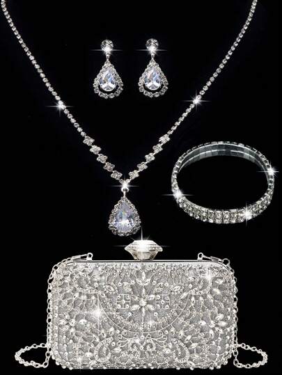 女士水钻晚装手拿包 水钻耳夹 新娘婚礼颈链 手链 吊坠 闪亮钱包 女士晚装包 婚礼手提包 水钻手拿包