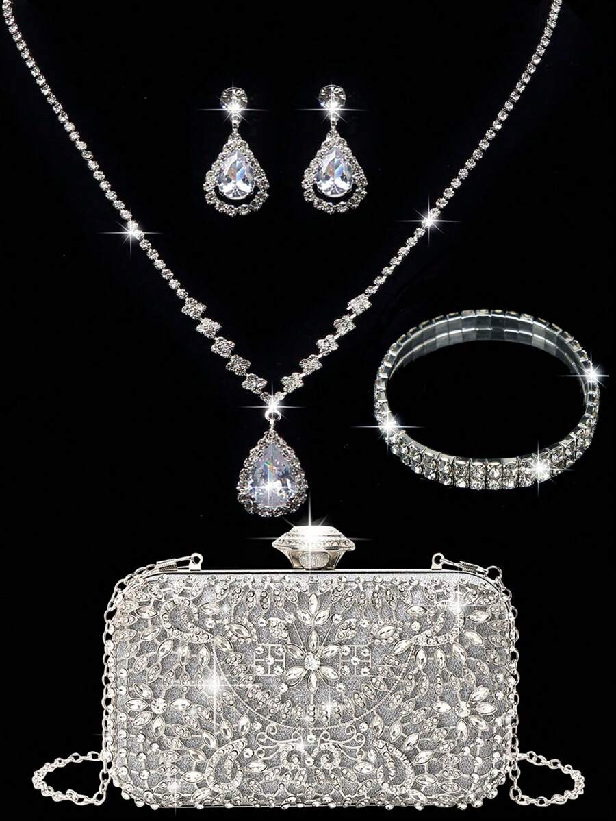 Túi cầm tay buổi tối đính đá Rhinestone cho nữ Kẹp tai đính đá Rhinestone cho cô dâu Vòng tay choker lấp lánh đính kim tuyến Ví cầm tay buổi tối cho nữ Túi xách cưới Túi cầm tay đính đá Rhinestone - Vàng - Xem 1