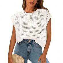 Womens Beach Cover Ups Summer Shirts Crochet Cap Sleeve Sweater Pullover Cute Crew Neck Hollow Out Spring Tops - 白色 - 查看 11