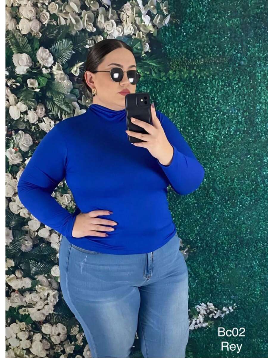 Plus Solid High Neck Blouse - Blue - View 1
