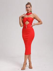 DEIVE TEGER 新品性感镂空红色针织吊带连衣裙，女士婚礼宾客礼服，长款绷带礼服，鸡尾酒会礼服，舞会礼服 - 紅色 - 查看 2