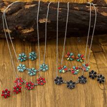 3pcs Turquoise Flower Design Vintage Silver Jewelry Set Including Earrings & Necklace, Boho Countryside Style, Suitable For Various Combinations - Turquoise - View 2