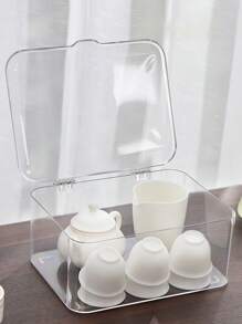 1pc Tea Storage Box With Cover, Transparent Dust-Proof Tea Table Tea Leaves Teacup Organizer, Tea Set Holder
