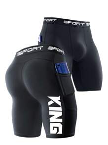 3pcs Men Sports Shorts, Contrast Color "KING" Print, High Elastic Quick Dry Basketball/Gym/Running 5 Inch Compression Pants