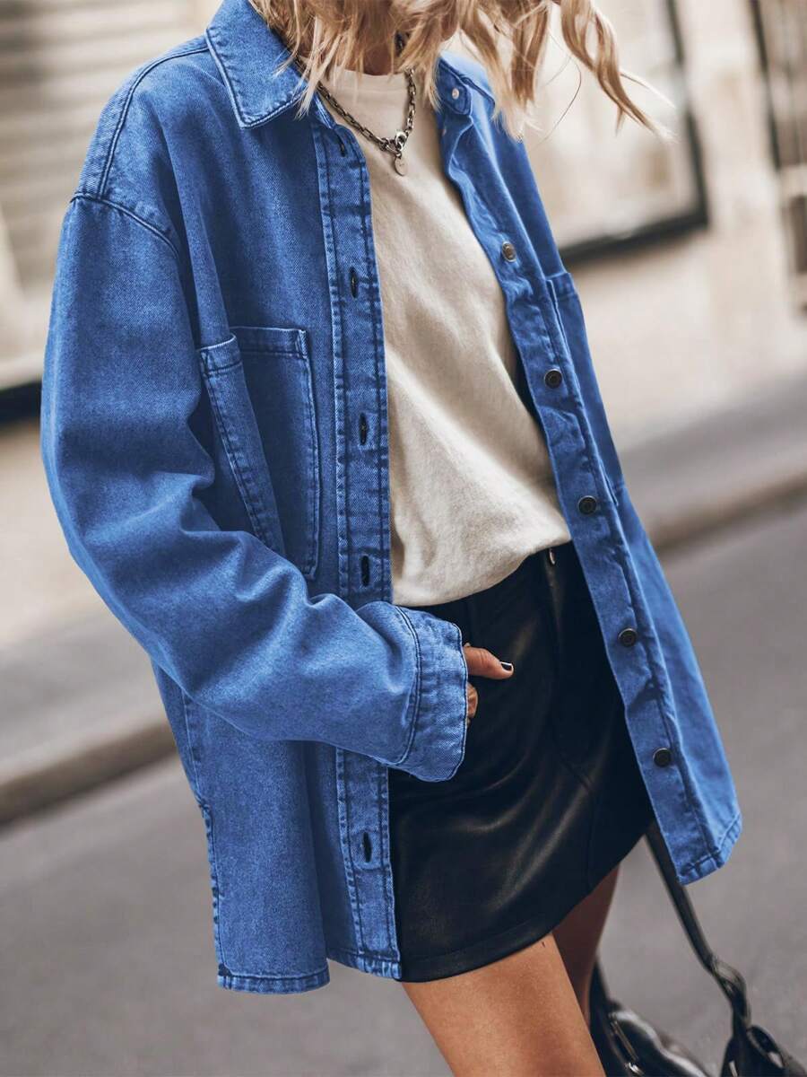 2025 Spring New, Lapel Jeans Coat For Women, Blue Large Pockets Loose Casual Shirt - Blue - View 1