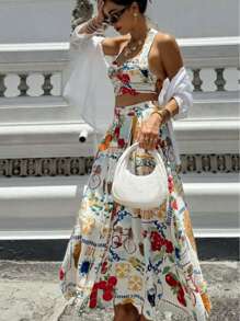 Salvatore Ferragamo Women 2-Piece Printed Sleeveless Top And Single-Breasted Long Skirt, Casual Suit, Bohemian Style Summer Dress, Bohemian Style, Vacation, Summer Dress, Wedding, Summer Dress, Women's Vacation Outfit, Retro Style, St. Patrick's Day Outfit, Easter Dress, Backless Dress, Denim Outfit, Wedding Dress - Multicolor - View 4